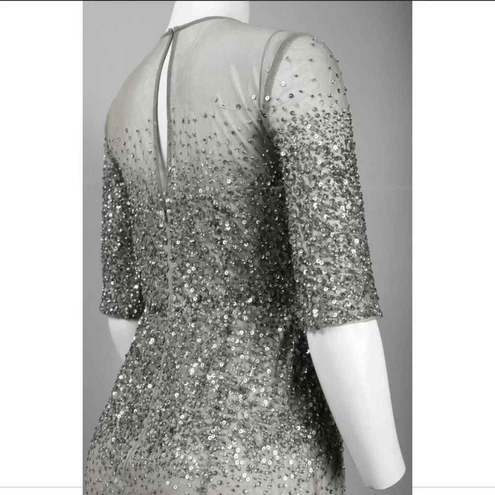 NEW Adrianna Papell Beaded Illusion Bodice Mesh Gown in Grey [Petite SZ 4P‎ ]